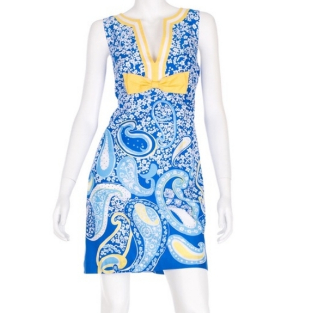 Lilly Pulitzer‎ Reecey Dress In Knotty Blue Whirlpool Paisley Cotton Bow Sheath